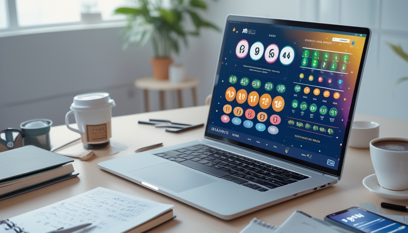 Meja kerja dengan laptop yang menampilkan situs togel online, dikelilingi oleh buku catatan, pena, kopi, dan ponsel.