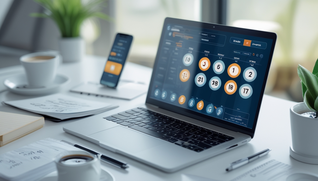 Meja kerja dengan laptop menampilkan antarmuka togel online, smartphone, secangkir kopi, dan alat tulis dalam suasana yang tenang dan teratur.