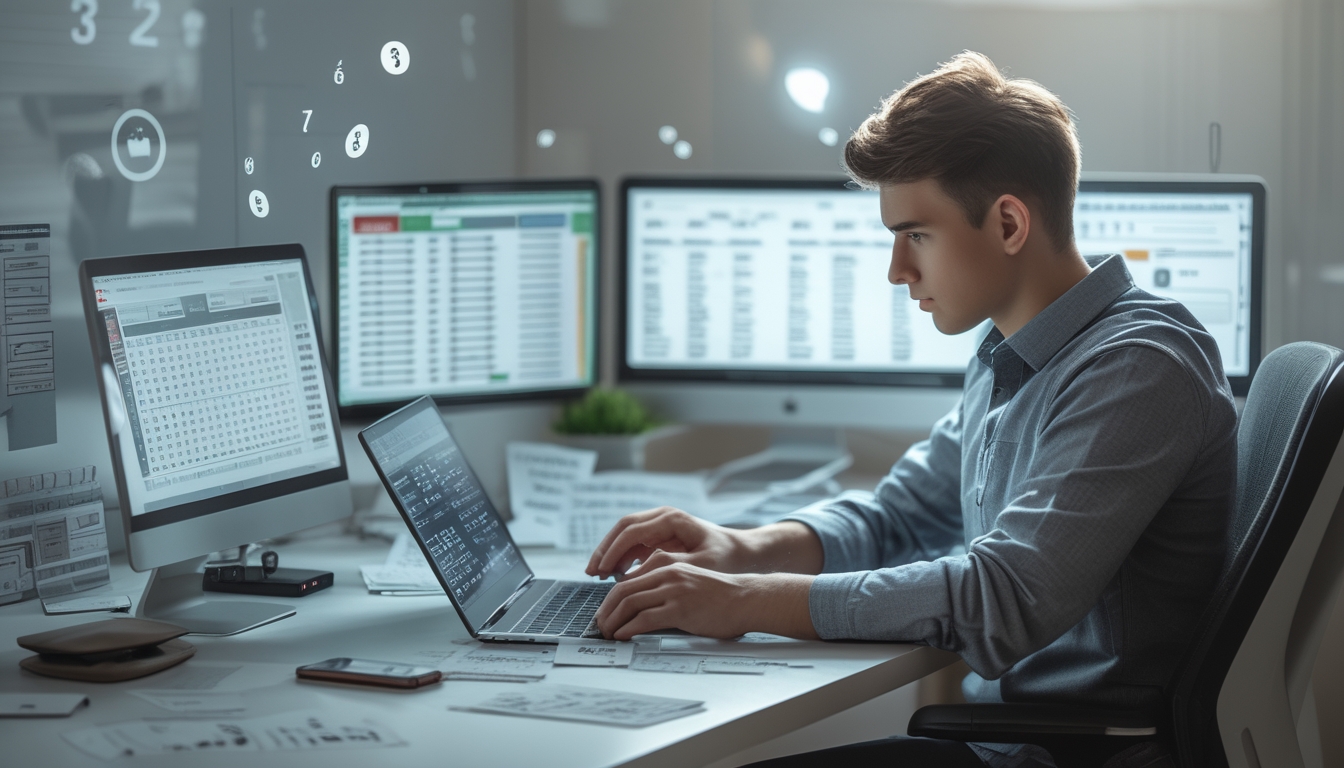 Seorang pria muda fokus duduk di meja modern sambil menganalisis data dan grafik strategi togel online di layar komputer.