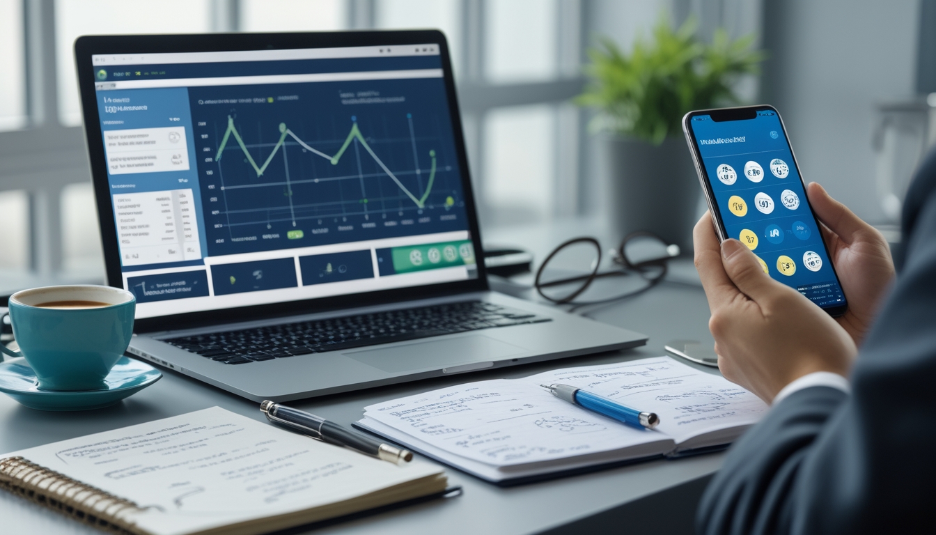 Meja kerja dengan laptop, catatan, dan telepon pintar yang menampilkan grafik dan aplikasi togel, di ruang kantor yang terang dan rapi.
