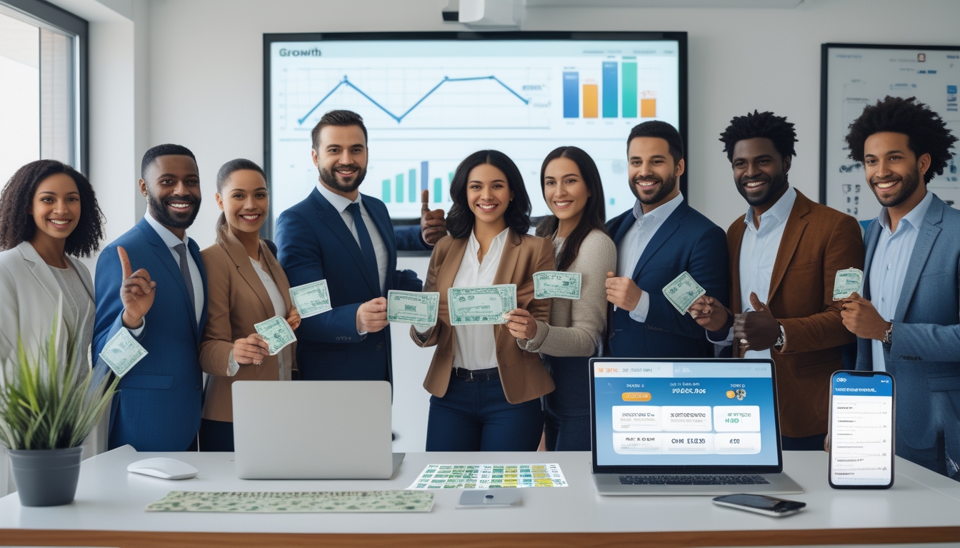 Sekelompok orang di kantor modern sedang merayakan keberhasilan dengan layar digital yang menampilkan grafik pertumbuhan dan tiket lotere di meja.