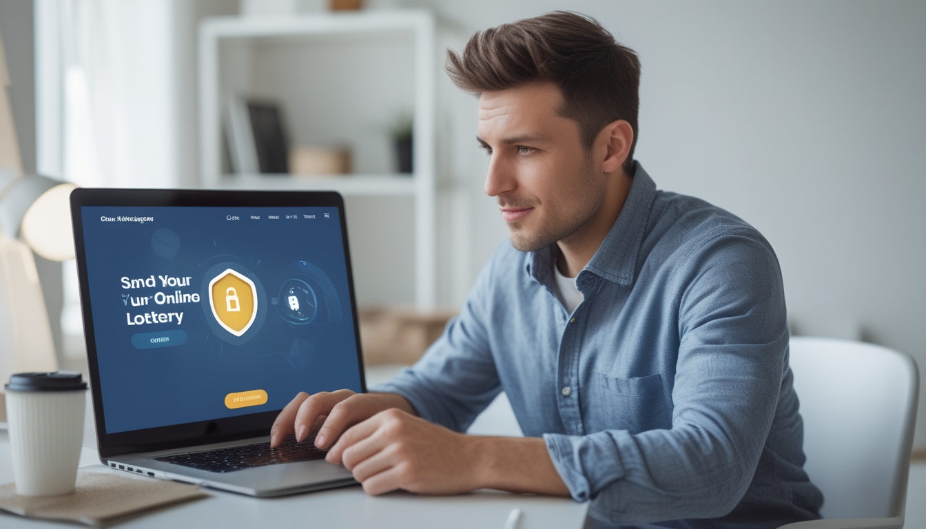 Seorang pria muda duduk di meja dengan laptop, fokus menggunakan platform togel online yang aman di lingkungan rumah yang rapi dan terang.
