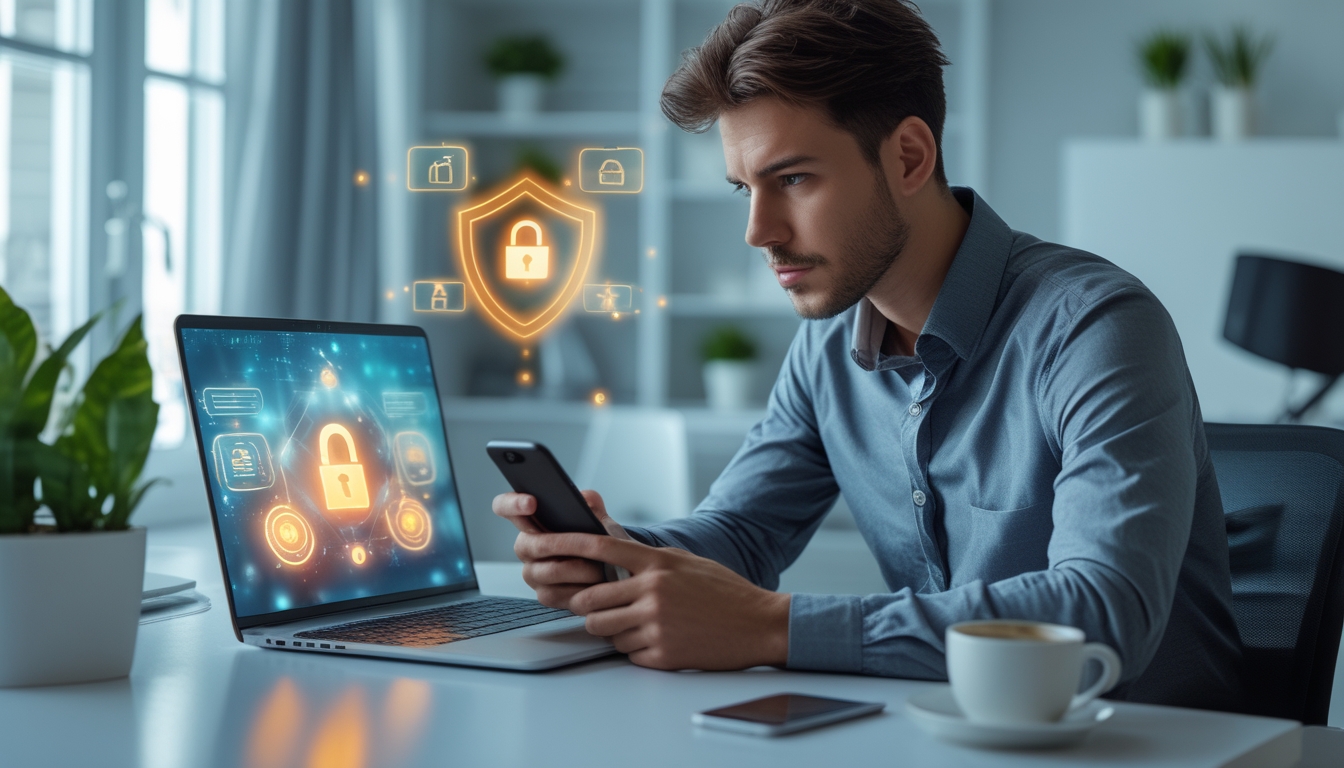Seorang pria muda serius duduk di meja dengan laptop dan ponsel, fokus pada layar yang menunjukkan simbol keamanan online.