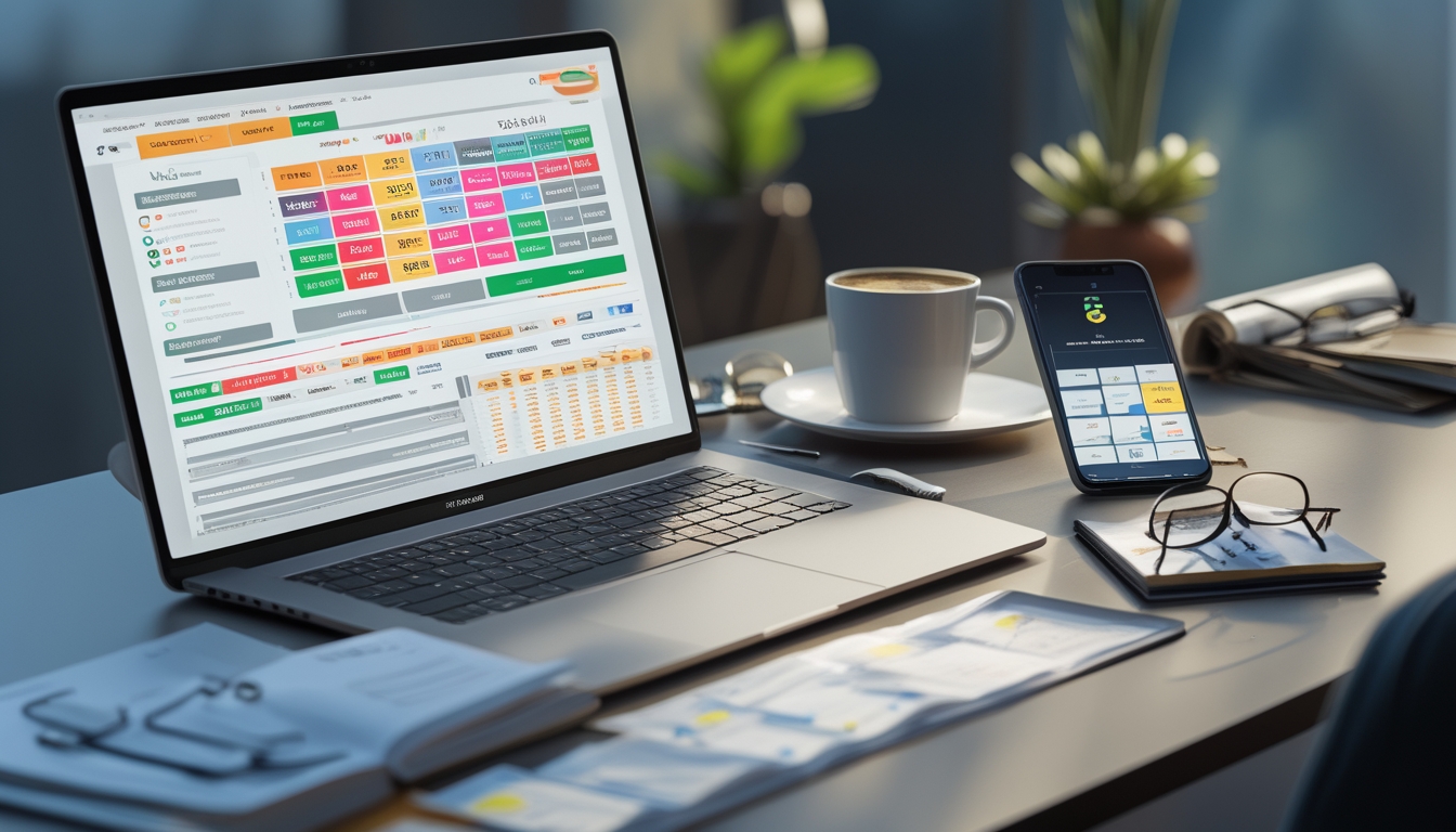 Meja kerja dengan laptop yang menampilkan grafik dan smartphone dengan aplikasi togel, disertai catatan dan cangkir kopi.