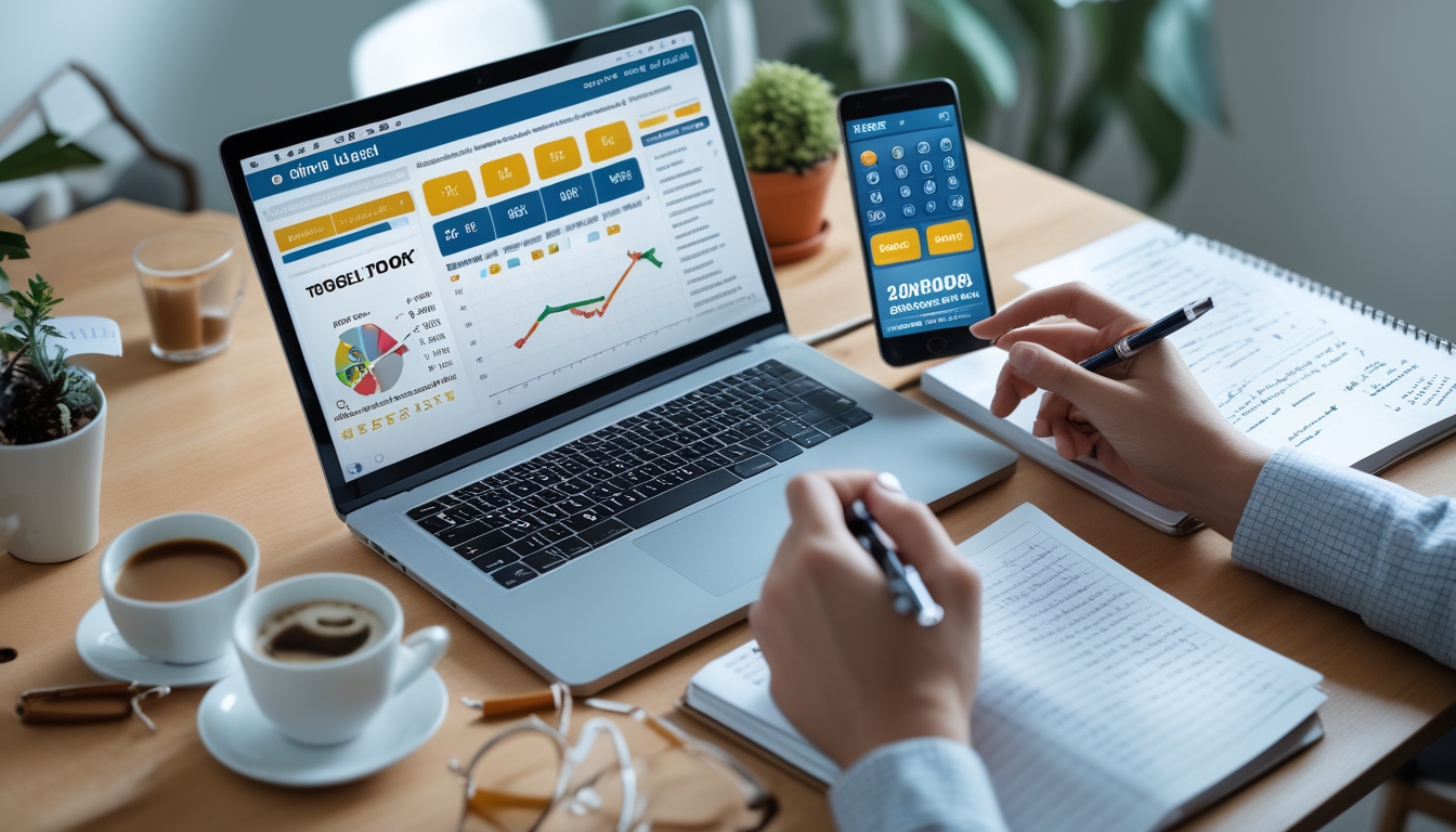 Meja kerja dengan laptop, ponsel, dan catatan yang menunjukkan seseorang sedang menganalisis data togel online.