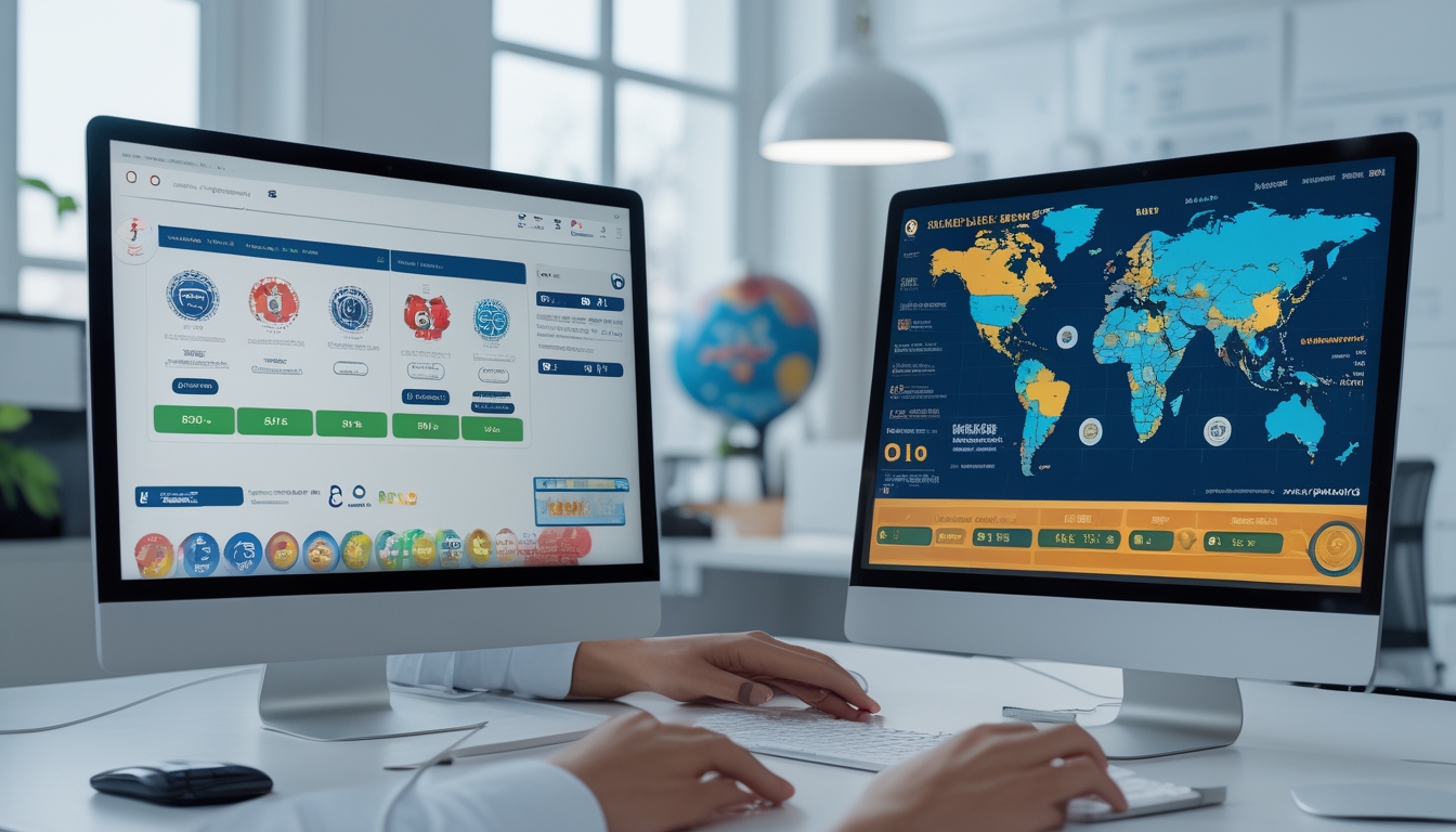 Dua layar komputer berdampingan menunjukkan perbedaan antara situs togel lokal dan internasional dengan tangan pengguna yang sedang berinteraksi.