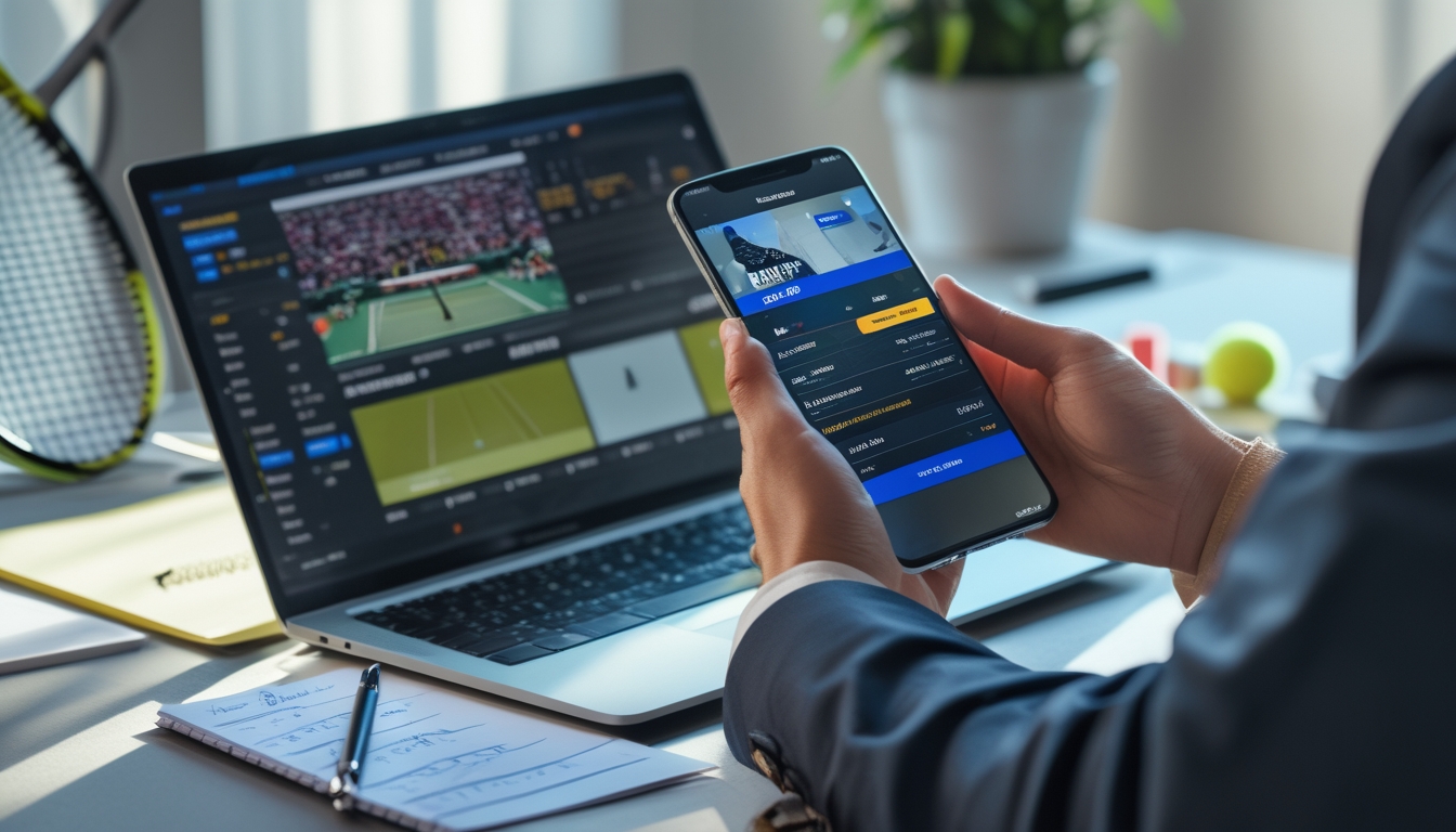 Seseorang sedang menggunakan laptop dan ponsel untuk taruhan tenis online di meja kerja dengan raket dan bola tenis di latar belakang.