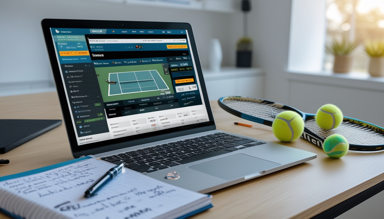 Meja kerja dengan laptop yang menampilkan pertandingan tenis dan catatan strategi taruhan tenis, raket dan bola tenis di sampingnya.