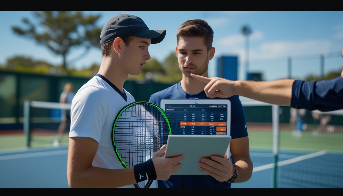 Seorang pemain tenis pemula sedang mendapatkan pengarahan dari pelatih di lapangan tenis luar ruangan.