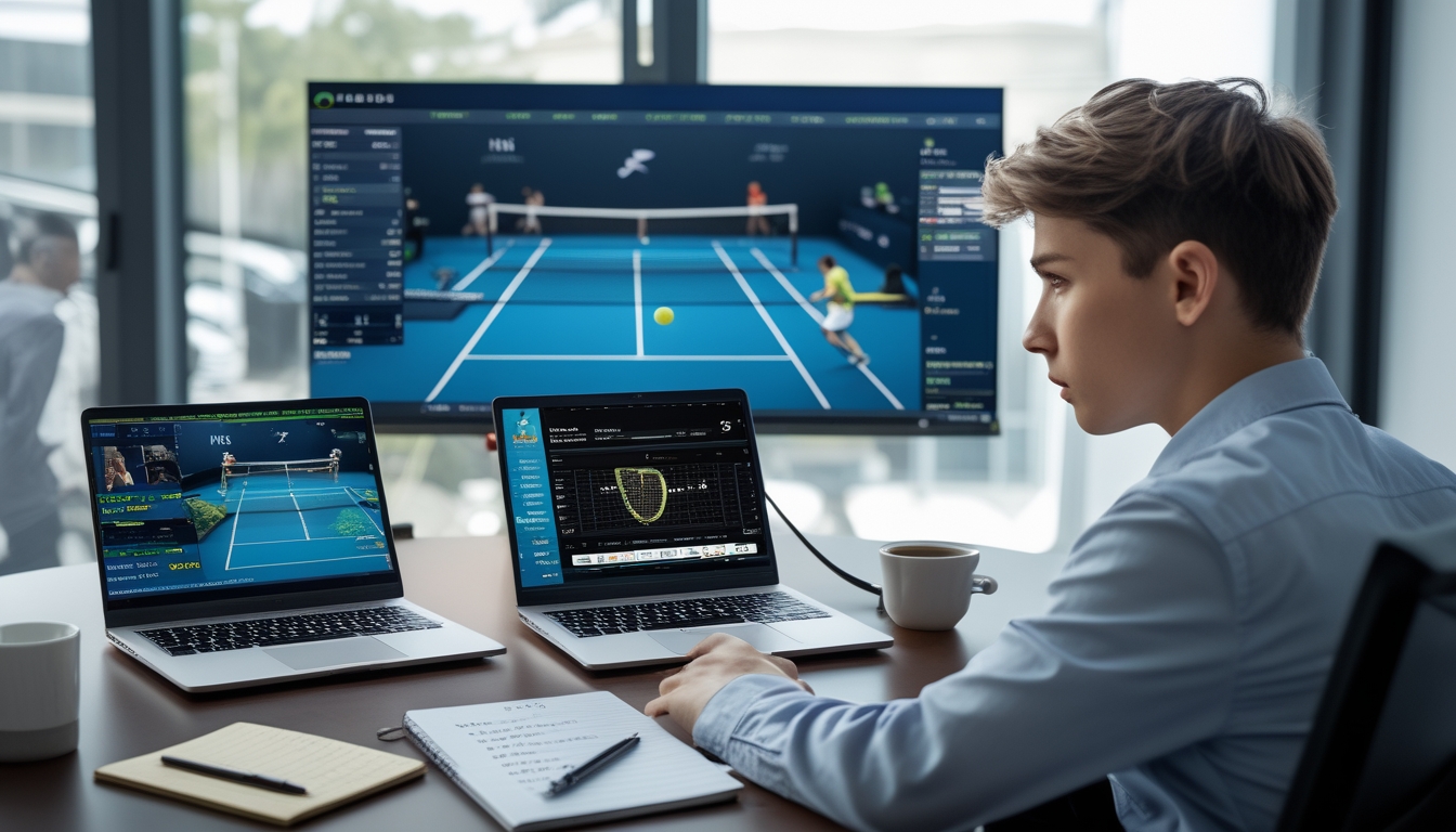 Seseorang sedang menganalisis pertandingan tenis dengan laptop dan tablet di meja kerja.