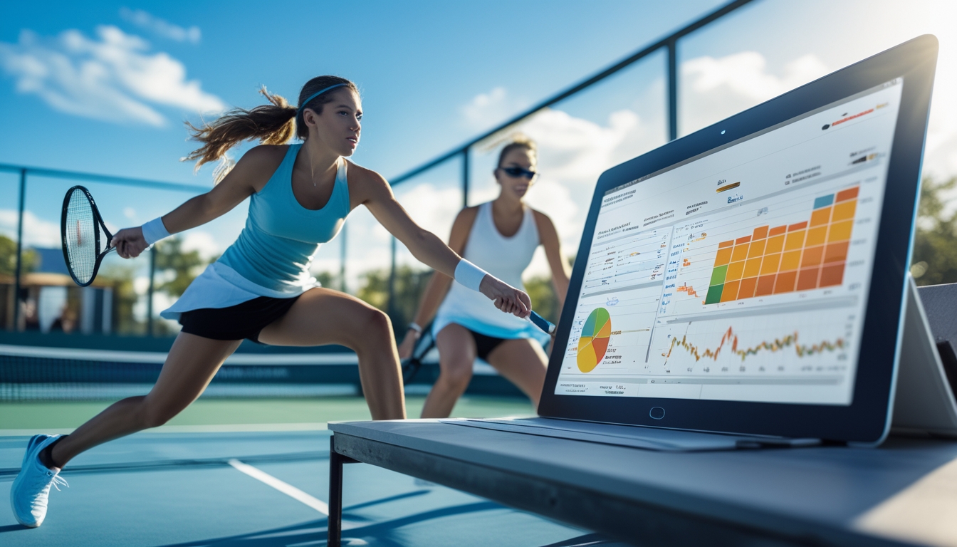 Dua pemain tenis sedang bermain di lapangan dengan perangkat digital yang menampilkan data pertandingan di dekatnya.