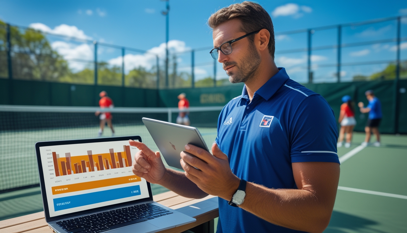 Seorang pelatih tenis sedang menganalisis statistik pertandingan dengan tablet di lapangan tenis saat hari cerah.