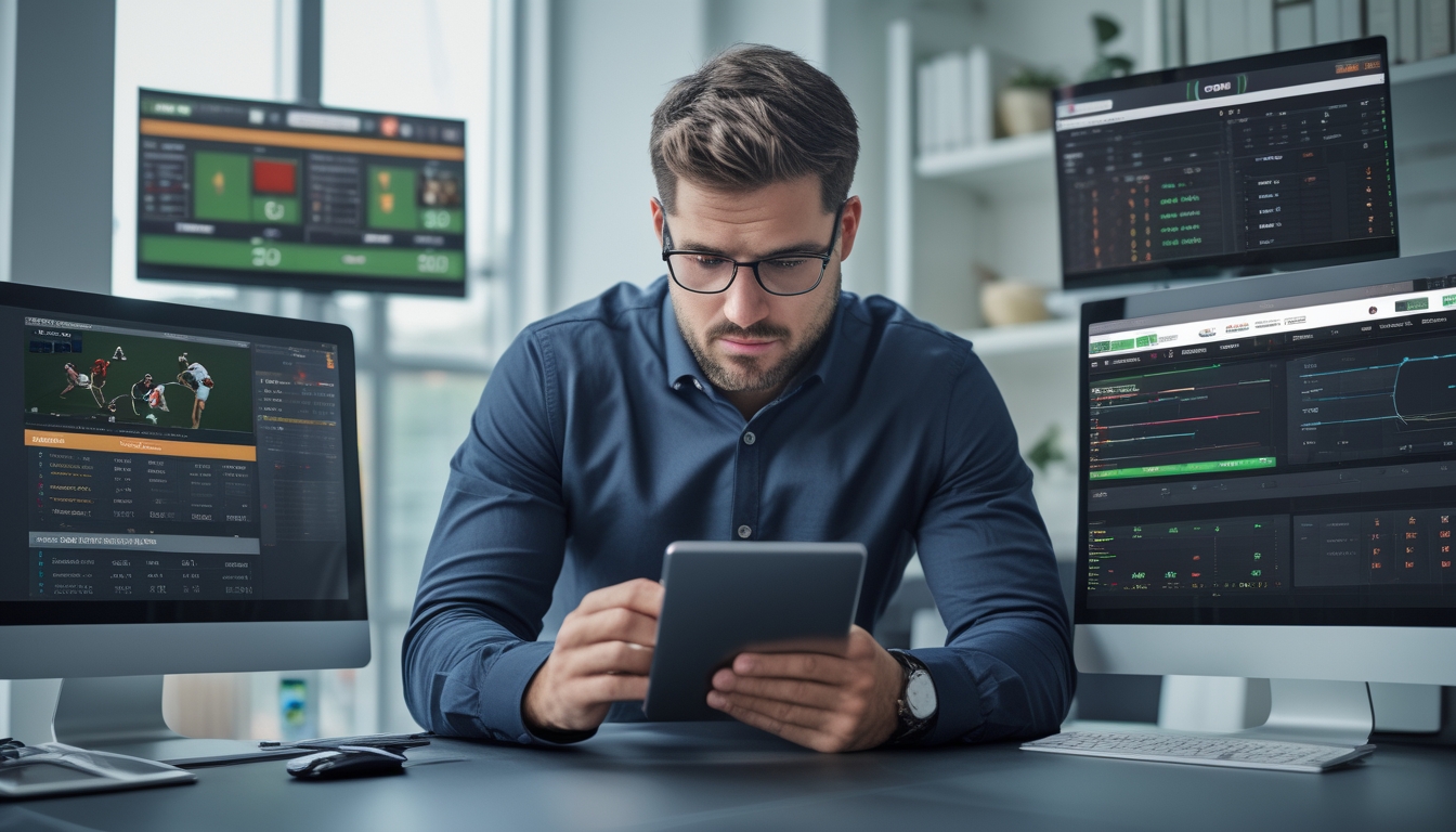Seorang analis olahraga pria sedang memeriksa data pertandingan tenis di beberapa layar komputer di kantor modern.