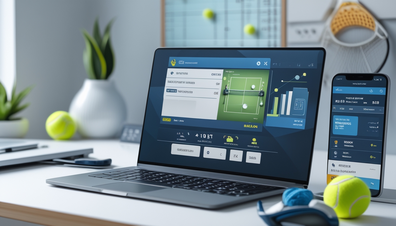 Meja kerja modern dengan laptop dan ponsel yang menampilkan pertandingan tenis dan aplikasi taruhan tenis, dikelilingi raket dan bola tenis.