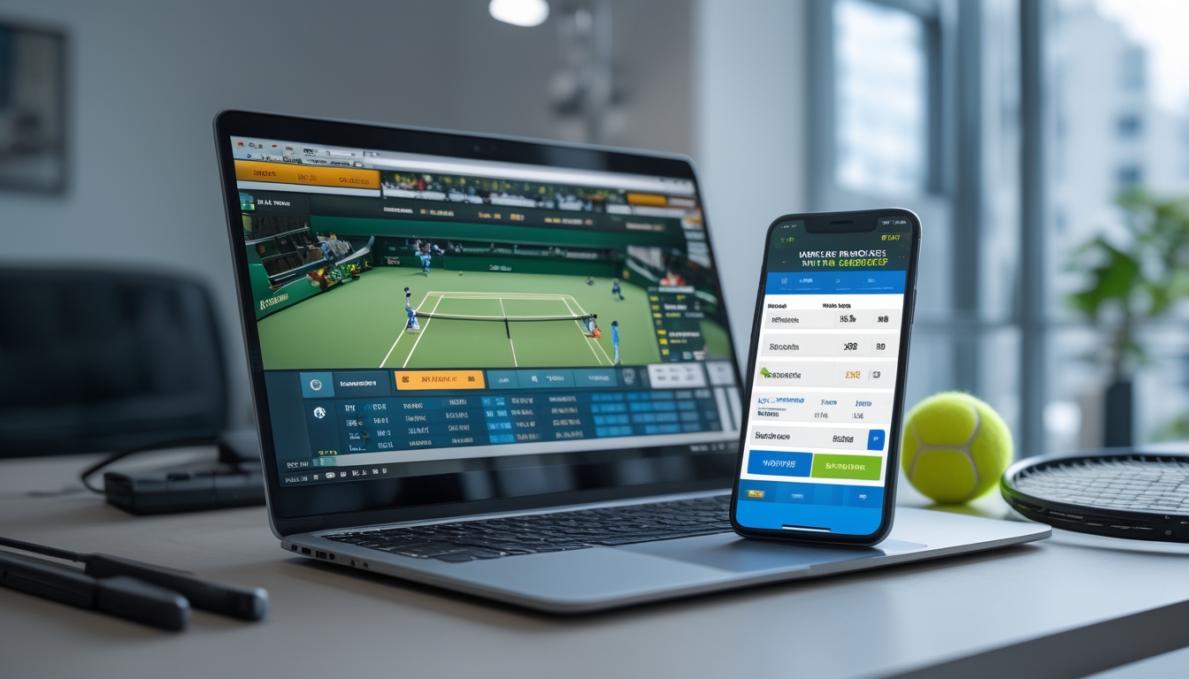 Meja kerja dengan laptop menampilkan pertandingan tenis dan ponsel dengan aplikasi taruhan tenis, dilengkapi raket dan bola tenis di samping.