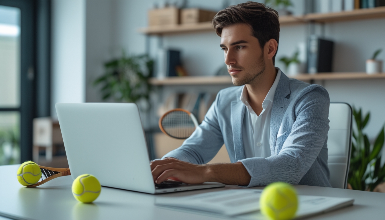 Seseorang sedang menggunakan laptop di meja dengan raket tenis dan bola tenis di sampingnya, terlihat fokus dan berpikir.
