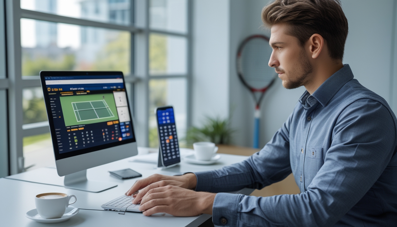 Seseorang duduk di meja dengan laptop yang menampilkan pertandingan tenis, dikelilingi oleh smartphone dan raket tenis di ruangan yang terang.
