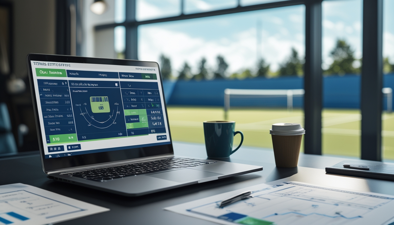 Seorang pria duduk di meja kerja dengan laptop yang menampilkan statistik tenis dan grafik taruhan, di latar belakang layar menampilkan pertandingan tenis langsung.