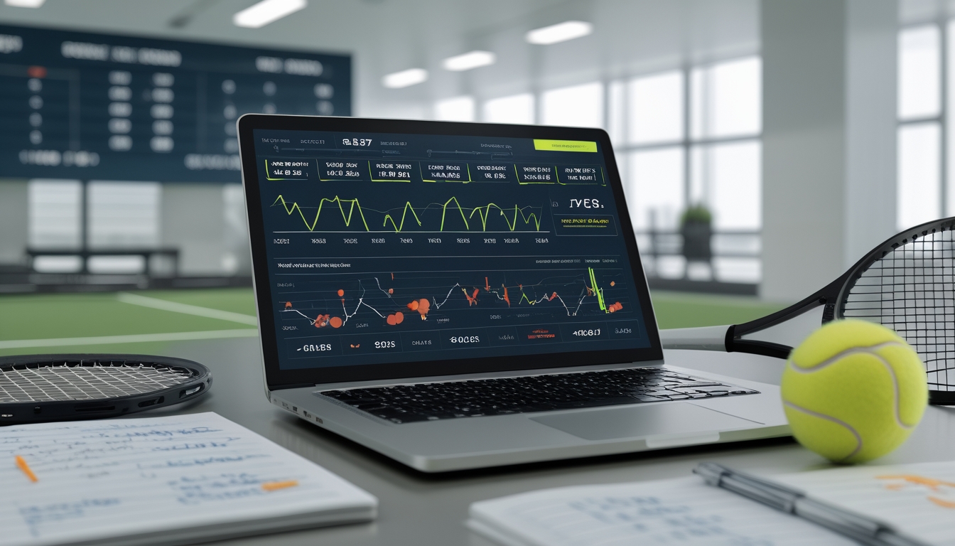 Meja kerja dengan laptop yang menampilkan statistik tenis, bola tenis, raket, dan catatan strategi taruhan tenis.