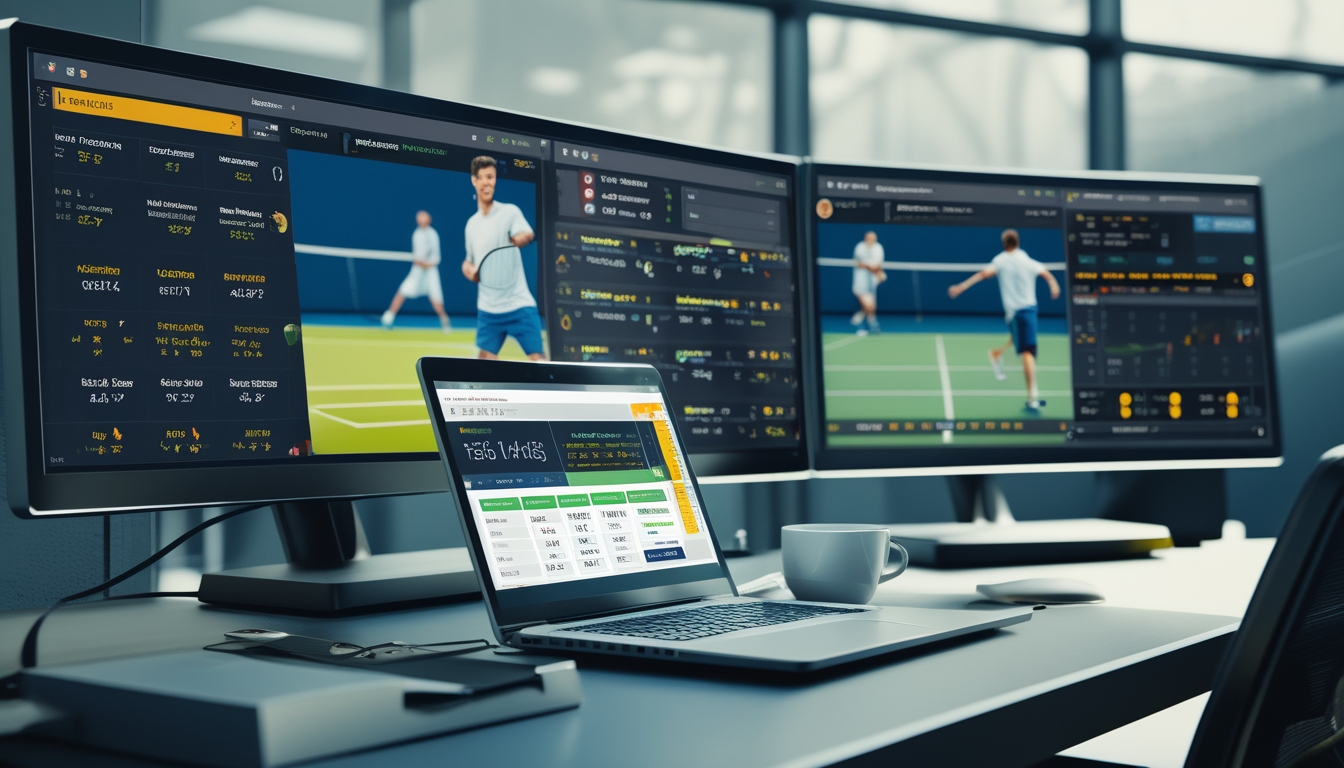 Ruang kerja modern dengan beberapa layar menampilkan statistik dan skor pertandingan tenis, serta perangkat elektronik di atas meja.