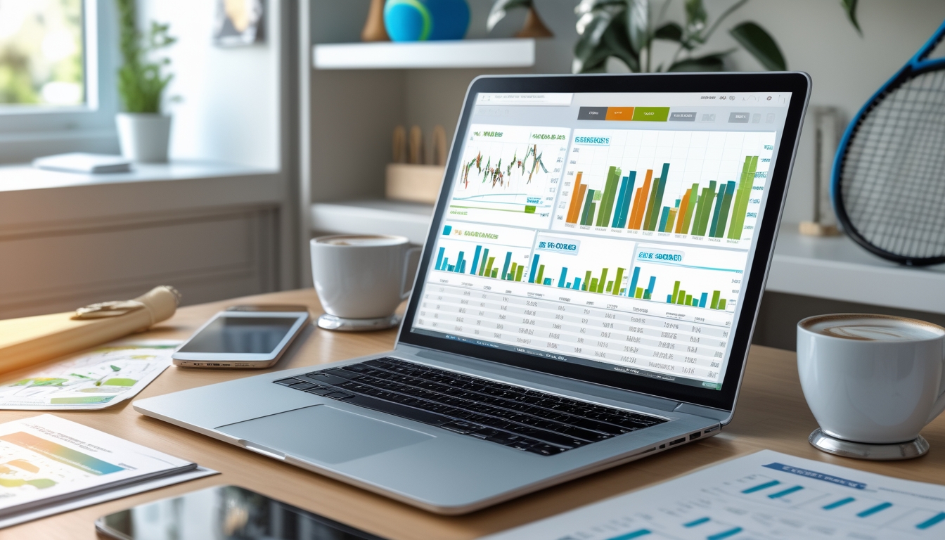 Meja kerja modern dengan laptop yang menampilkan statistik tenis dan grafik taruhan, dikelilingi oleh laporan cetak dan ponsel yang menampilkan pertandingan tenis langsung.