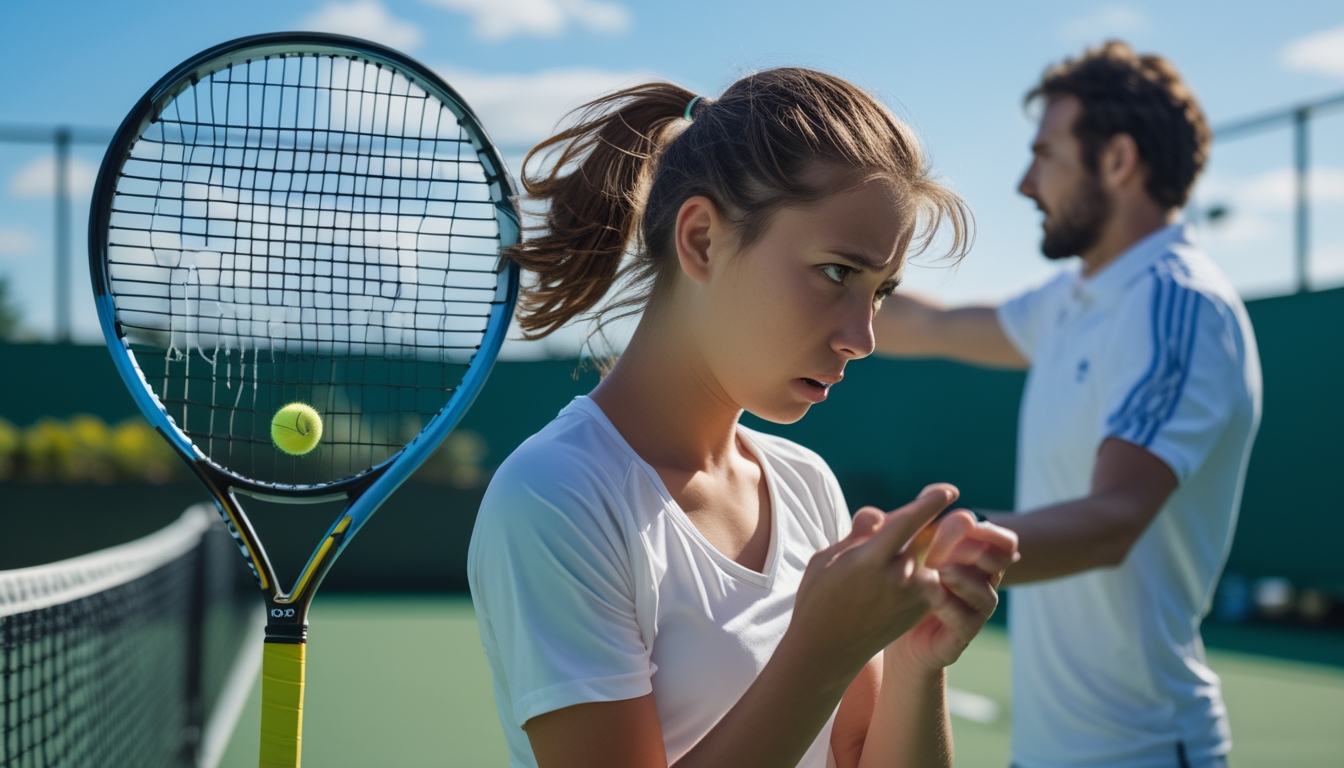 Seorang pemain tenis pemula tampak bingung dan frustrasi di lapangan, sedang menerima saran dari pelatih yang memberikan petunjuk dengan ekspresi tenang.