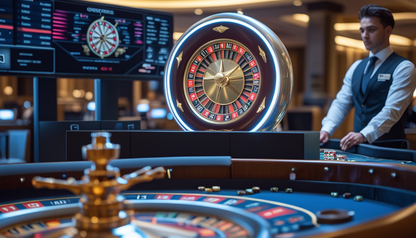 Meja roulette modern dengan roda Quantum Roulette yang menyala dan dealer yang sedang mengelola permainan di kasino.