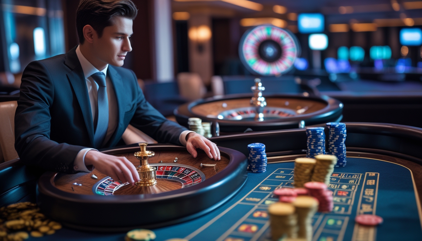 Seorang pemain berjubah rapi duduk di meja roulette dengan tumpukan chip dan roda roulette yang terlihat jelas di kasino mewah.