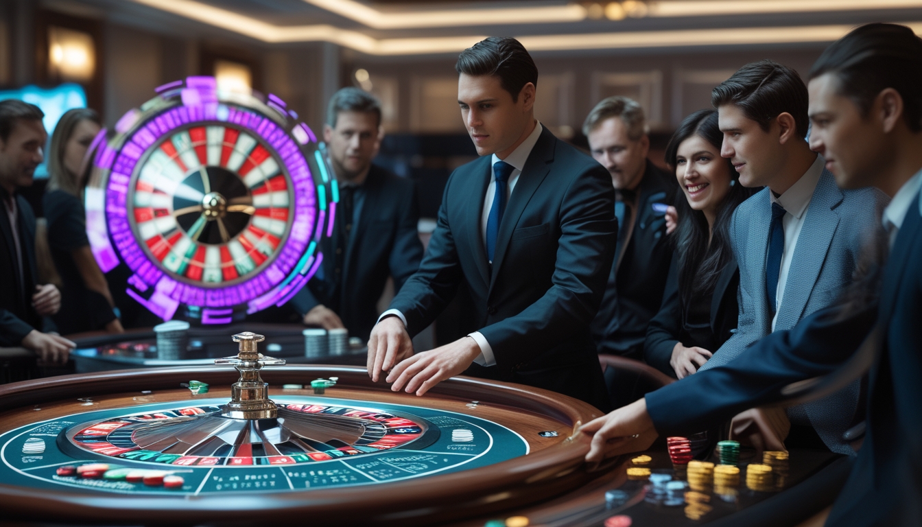 Seorang dealer profesional memutar roda roulette futuristik dengan pemain yang berkonsentrasi di meja kasino modern.