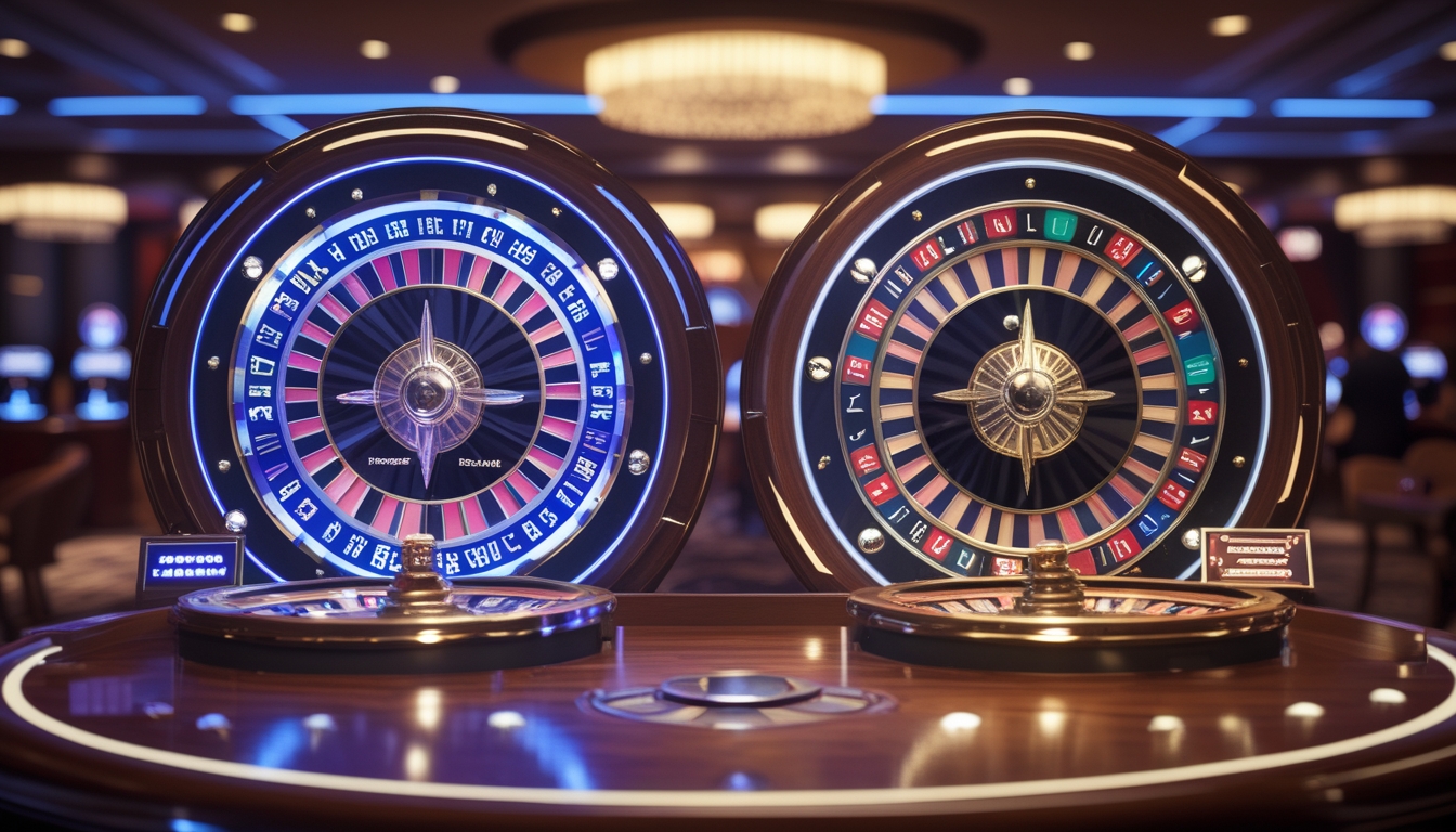 Dua roda roulette berdampingan di meja kasino dengan satu bergaya futuristik dan satu bergaya klasik, diiringi dealer kasino yang sedang memutar roda.