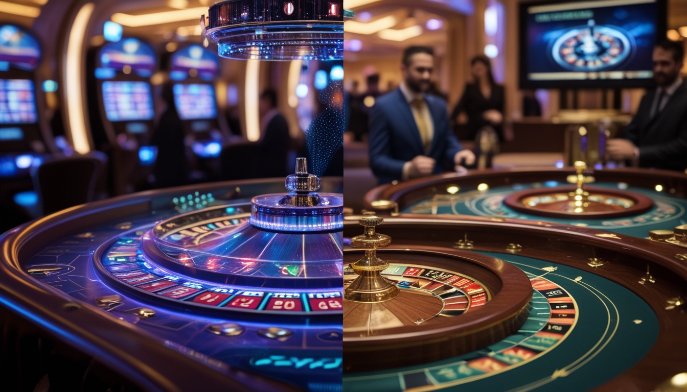 Dua meja roulette di kasino, satu dengan tampilan digital modern dan satu lagi meja roulette klasik dengan dealer langsung, dikelilingi suasana kasino yang mewah.