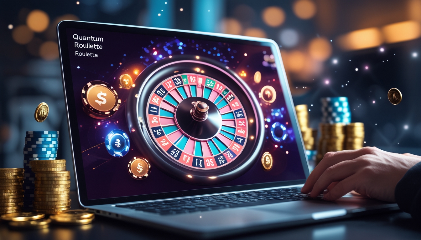Seorang pemain sedang menggunakan komputer dengan tampilan roda roulette berwarna cerah dan tumpukan chip kasino di sekitarnya, menandakan suasana permainan roulette online dengan kemenangan besar.
