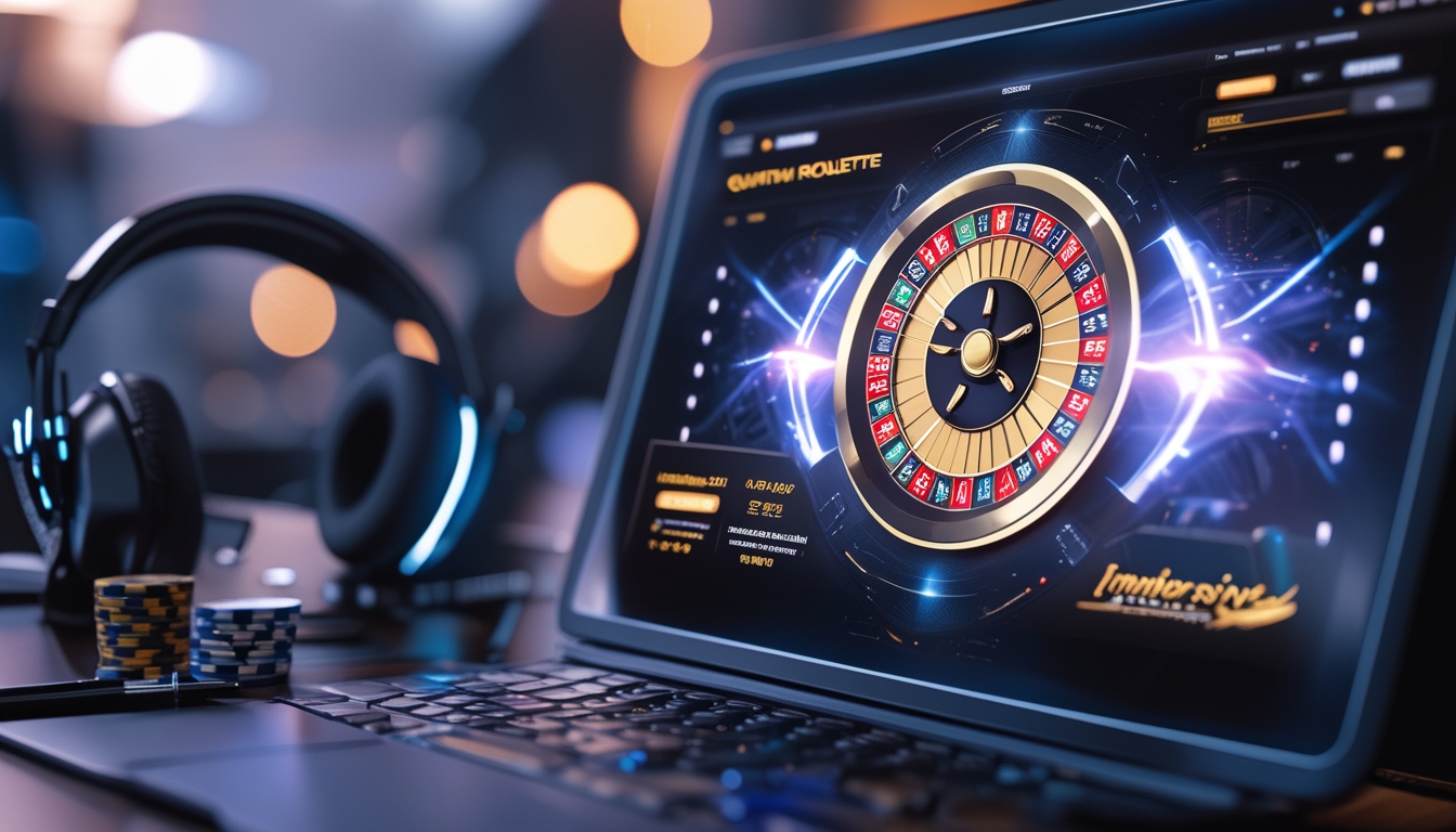 Suasana kasino online dengan roda roulette digital futuristik di layar komputer dan beberapa chip kasino di sekitarnya.