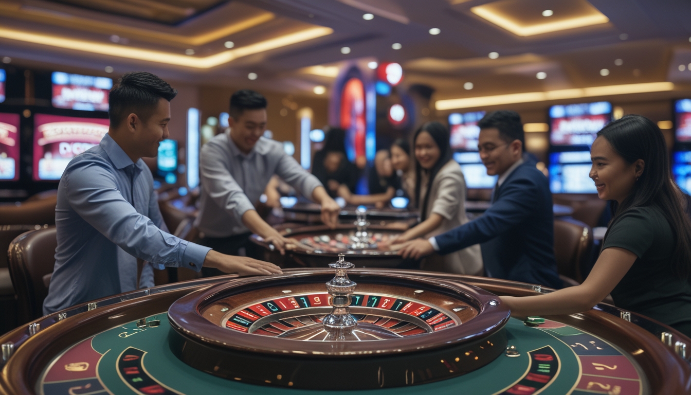 Meja roulette di kasino modern dengan pemain yang antusias dan suasana mewah.