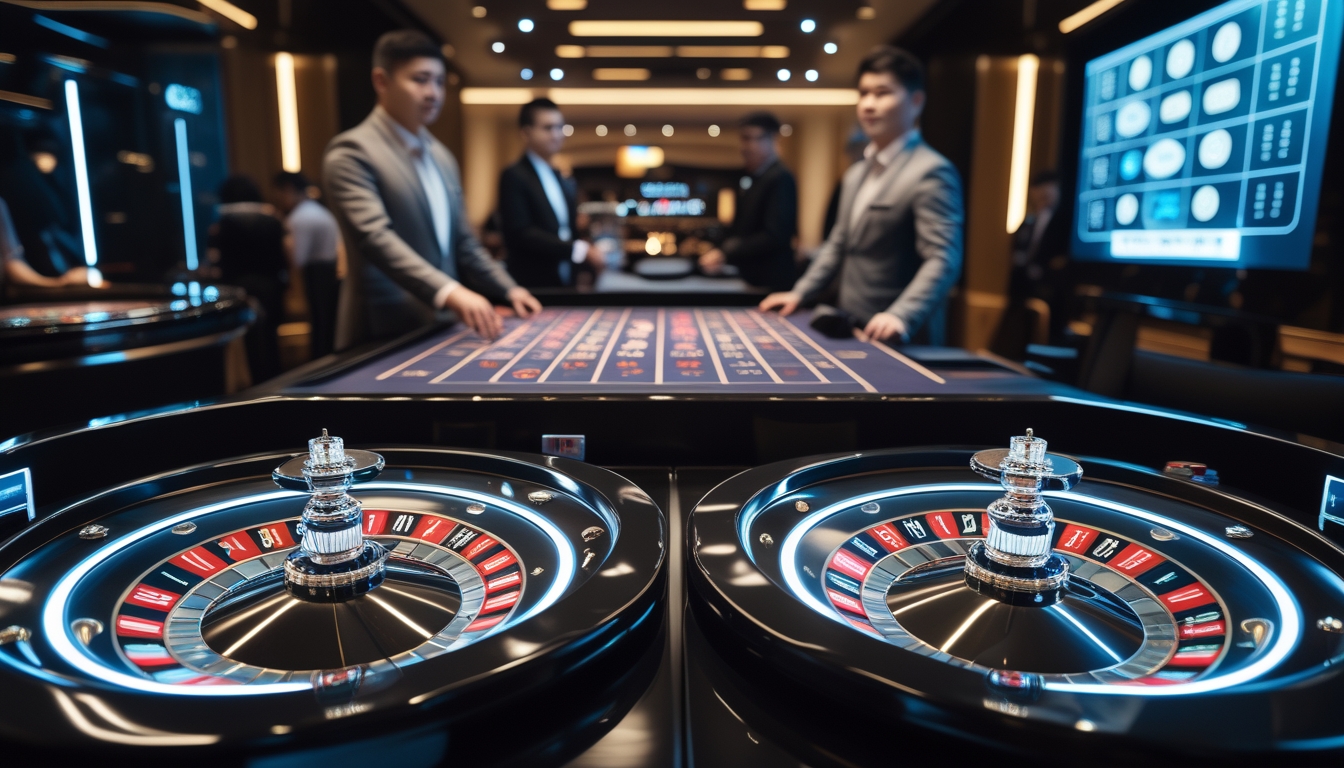 Dua meja roulette dengan pemain yang fokus bermain di kasino mewah dan modern.