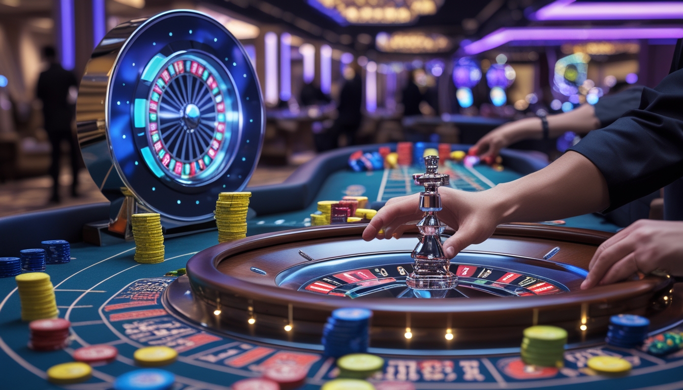 Suasana kasino dengan meja roulette quantum dan immersive yang sedang dimainkan, menampilkan roda roulette yang berputar dan pemain yang memasang taruhan.