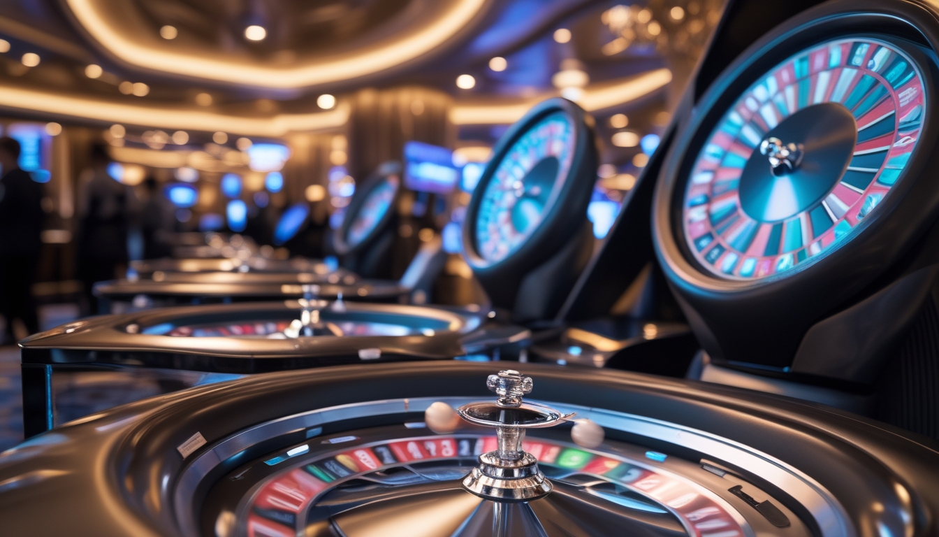 Suasana kasino modern dengan roda roulette Quantum dan Immersive yang sedang berputar, menampilkan lampu LED dan pemain yang fokus pada permainan.
