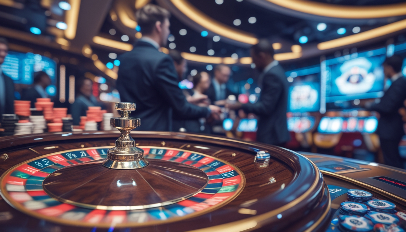 Meja roulette dengan roda berputar, chip taruhan kecil, pemain dan dealer fokus bermain dalam suasana kasino modern.