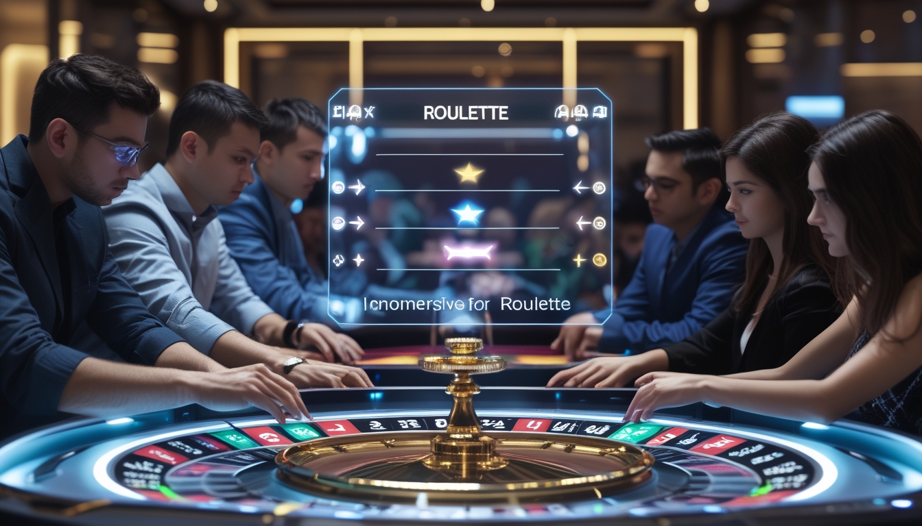 Beberapa pemain sedang memasang taruhan kecil di meja roulette modern di dalam kasino yang mewah.