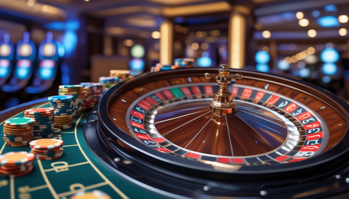 Meja roulette di kasino dengan roda roulette yang sedang berputar dan tumpukan chip warna-warni di sekitarnya.