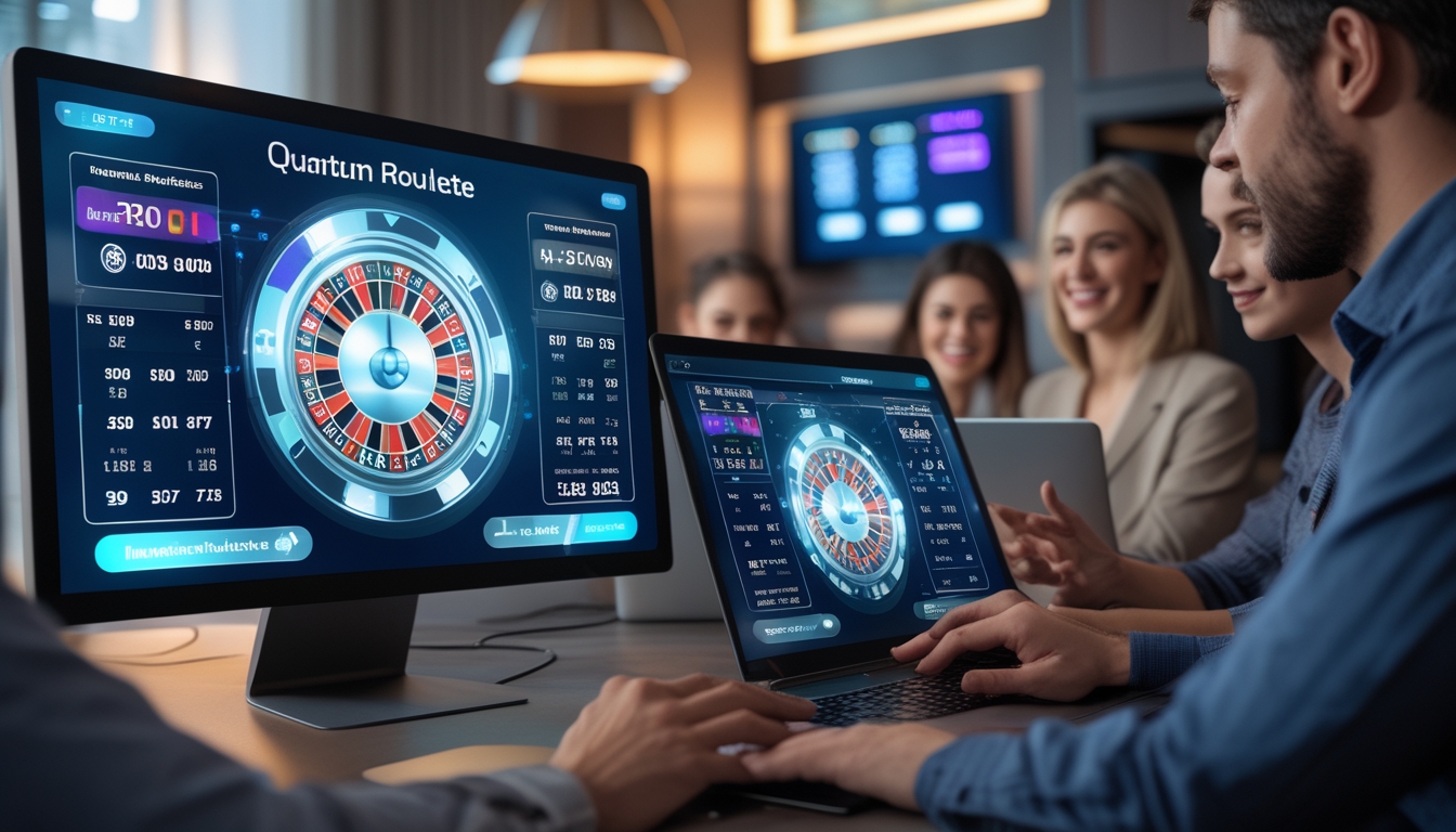 Orang-orang menggunakan laptop dan tablet untuk bermain roulette online dengan roda roulette digital yang menyala di depan mereka.