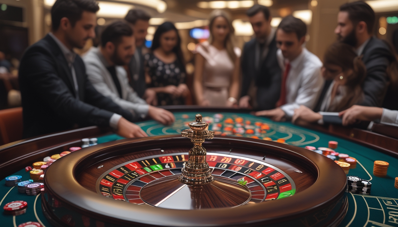 Meja roulette dengan roda berputar dan chip taruhan, pemain dan dealer sedang bermain di kasino.