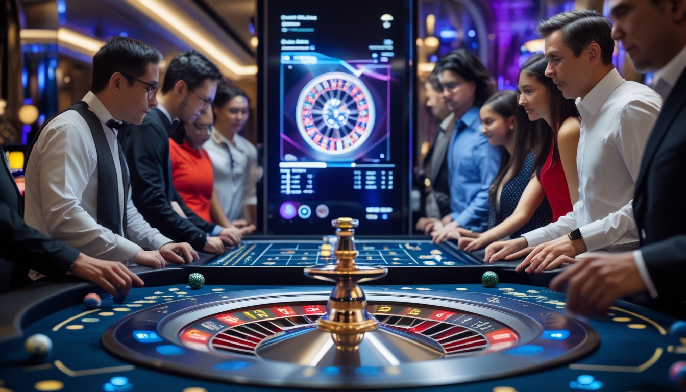 Meja roulette di kasino dengan pemain yang sedang memperhatikan roda roulette elektronik dan tradisional.