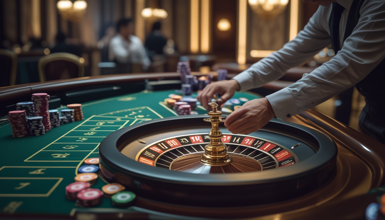 Meja roulette di kasino dengan roda roulette yang berputar dan tumpukan chip taruhan, seorang pemain sedang menempatkan taruhan dengan serius.
