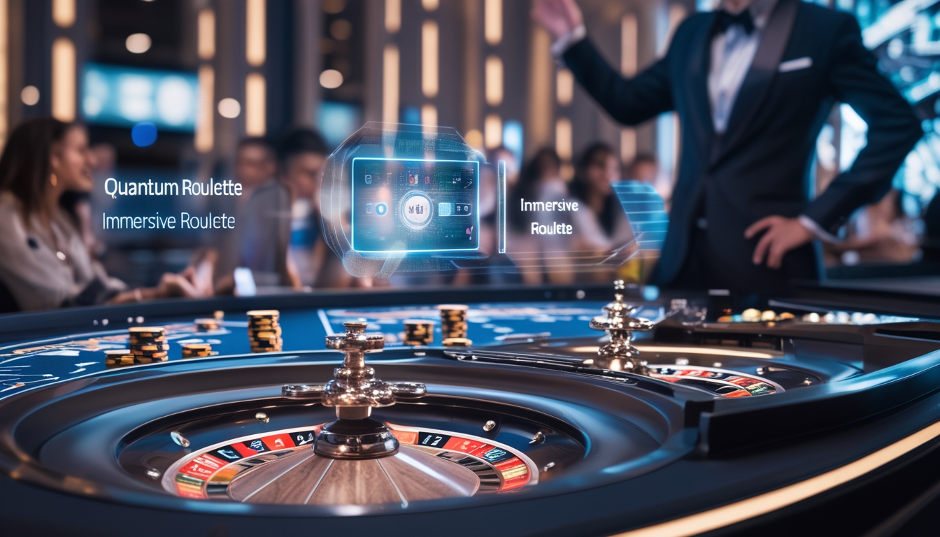 Meja roulette modern dengan dealer dan pemain yang fokus pada permainan di kasino.