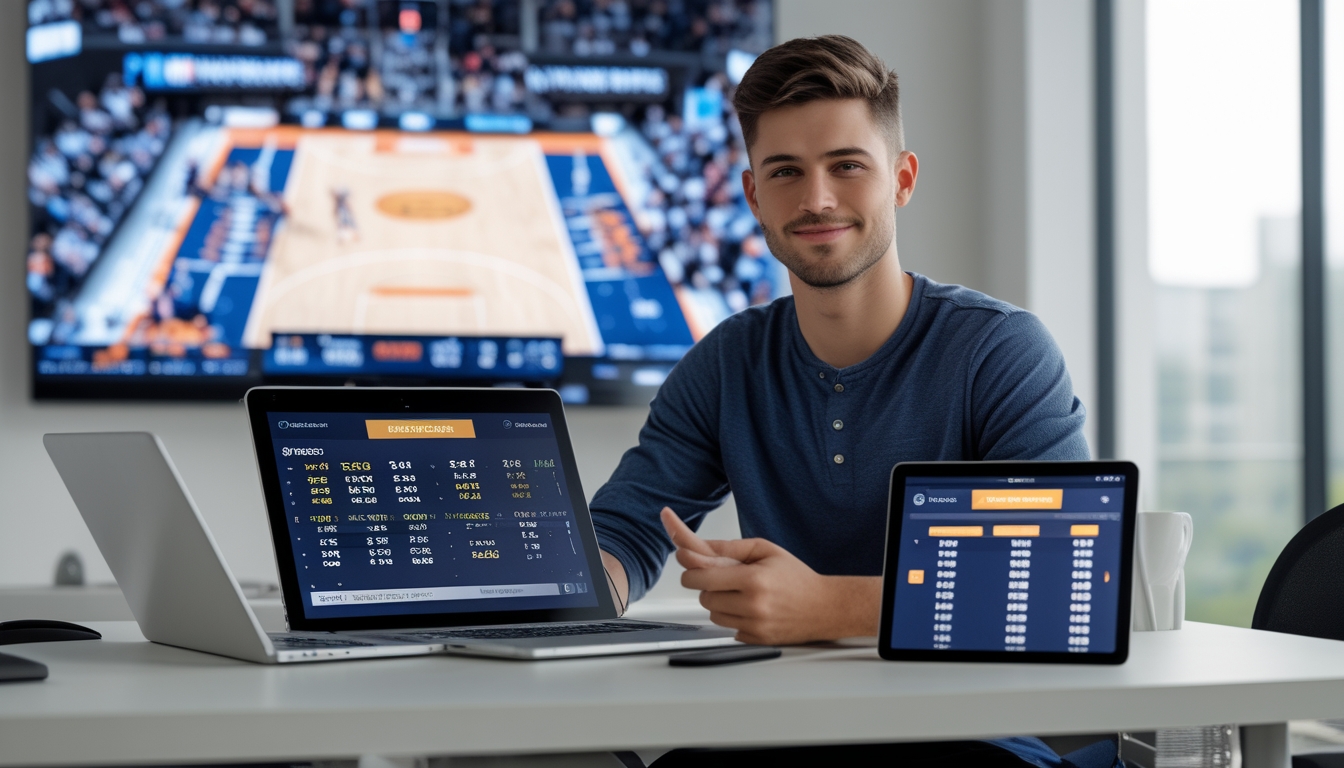 Seorang pria muda duduk di meja dengan beberapa perangkat digital menampilkan statistik dan permainan bola basket di latar belakang.