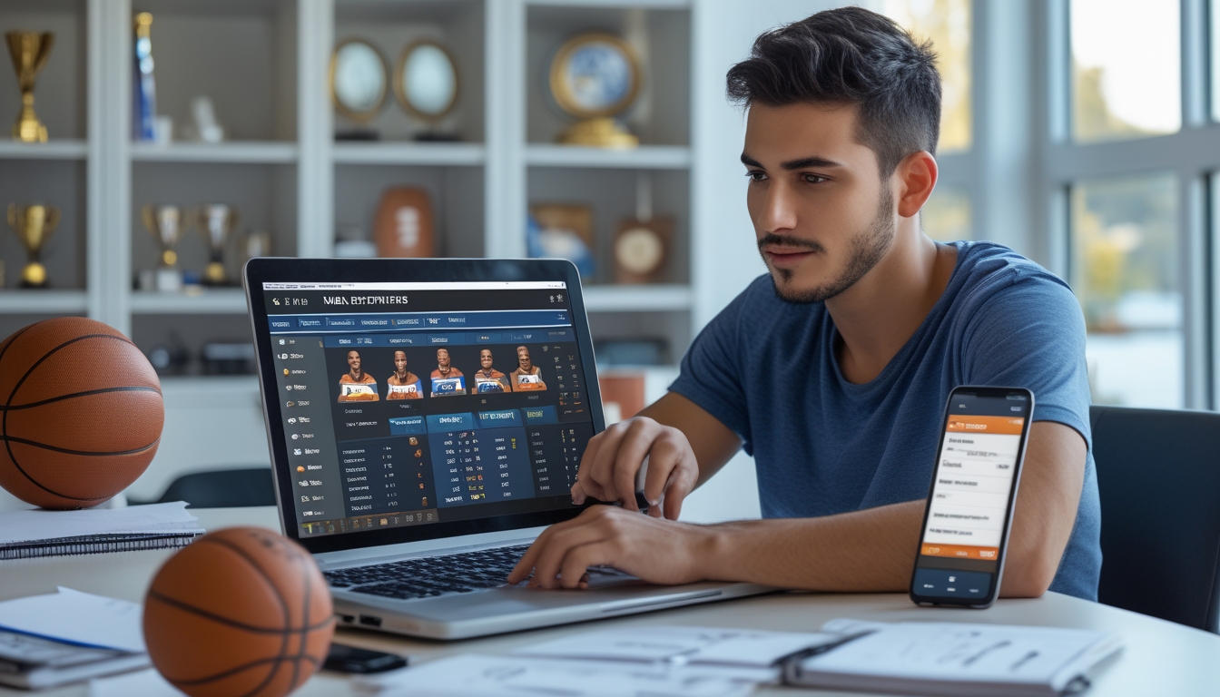 Seorang pria muda duduk di meja dengan laptop, bola basket, dan catatan, fokus mempelajari taruhan NBA.