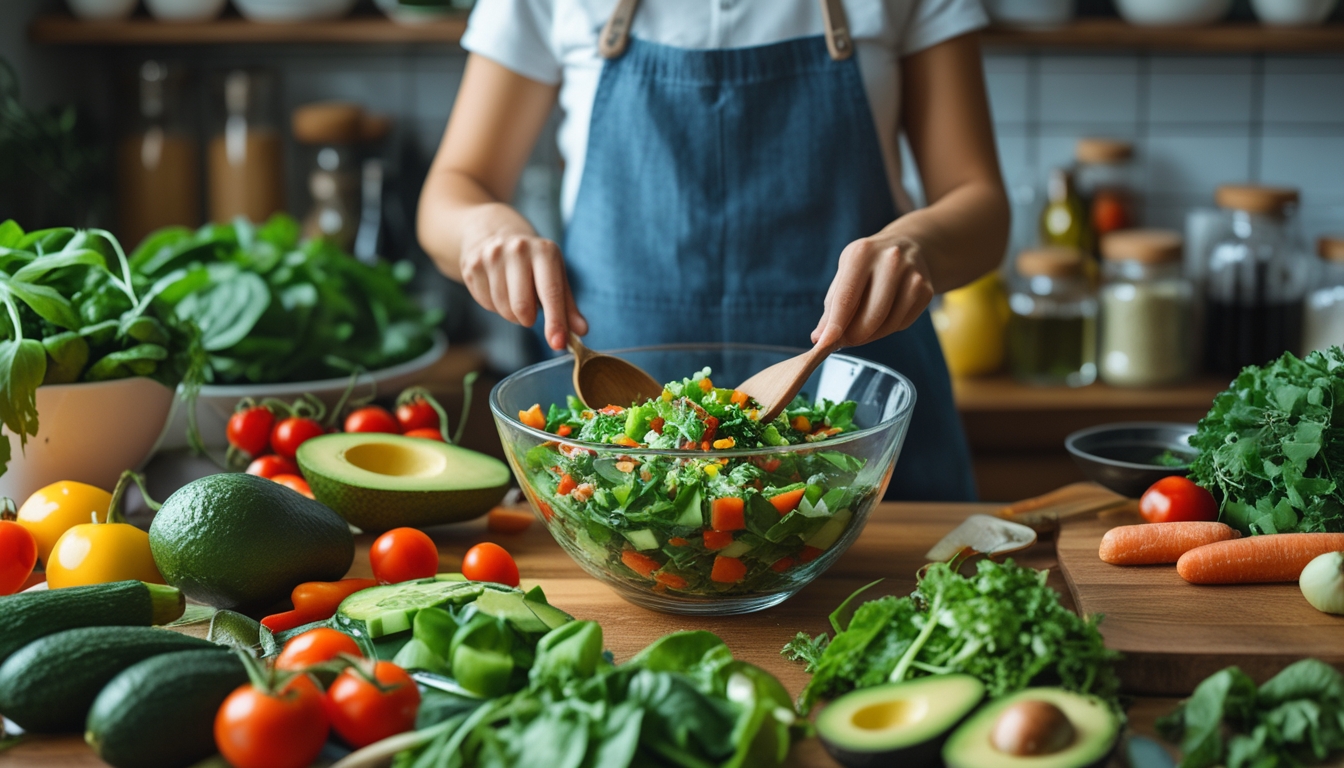 Tangan seseorang sedang menyiapkan salad segar dengan berbagai sayuran dan buah di dapur yang terang dan rapi.