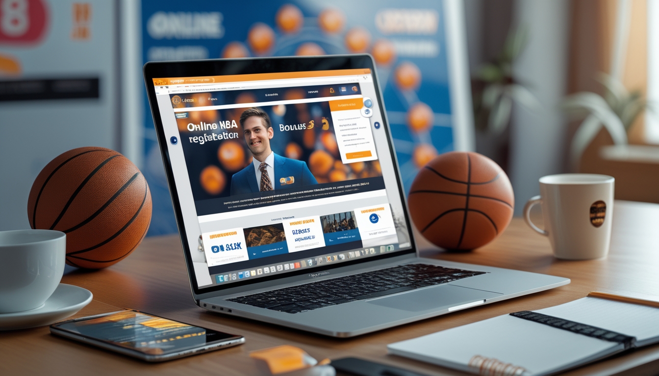 Sebuah meja kerja modern dengan laptop yang menampilkan tema NBA, smartphone dengan aplikasi dompet digital, dan bola keranjang kecil di meja.