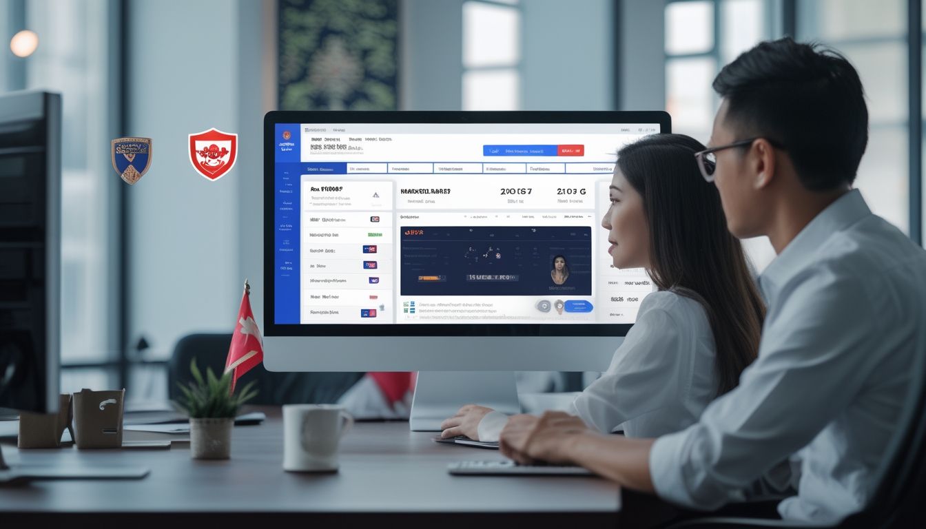 Seorang pria dan wanita Indonesia sedang melihat layar komputer besar dengan statistik dan peluang taruhan pertandingan NBA di sebuah kantor modern.